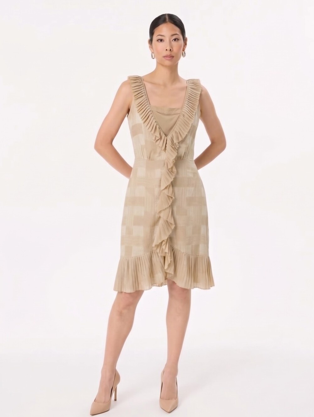 TORY BURCH 100% Silk Pleated Ruffle Sleeveless Dress Tan Beige Size 2